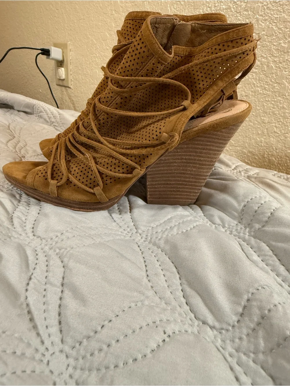 Vince Camuto Tan Perforated Suede Lace-Up Wedge Sandals‎